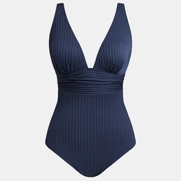 NWT! Navy Ribbed & Ruched Cupshe One Piece Slimming Swimsuit Large - Picture 3 of 15